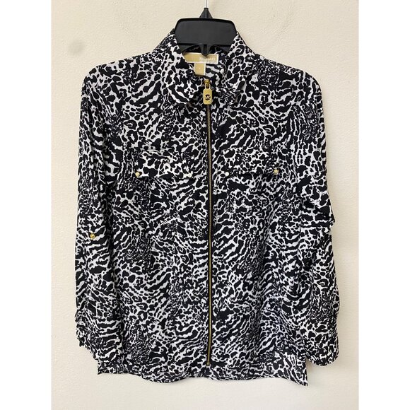 Michael Kors Women's White/Black Animal Print Zip Front Top Petite Size PXS NWT - Picture 1 of 6